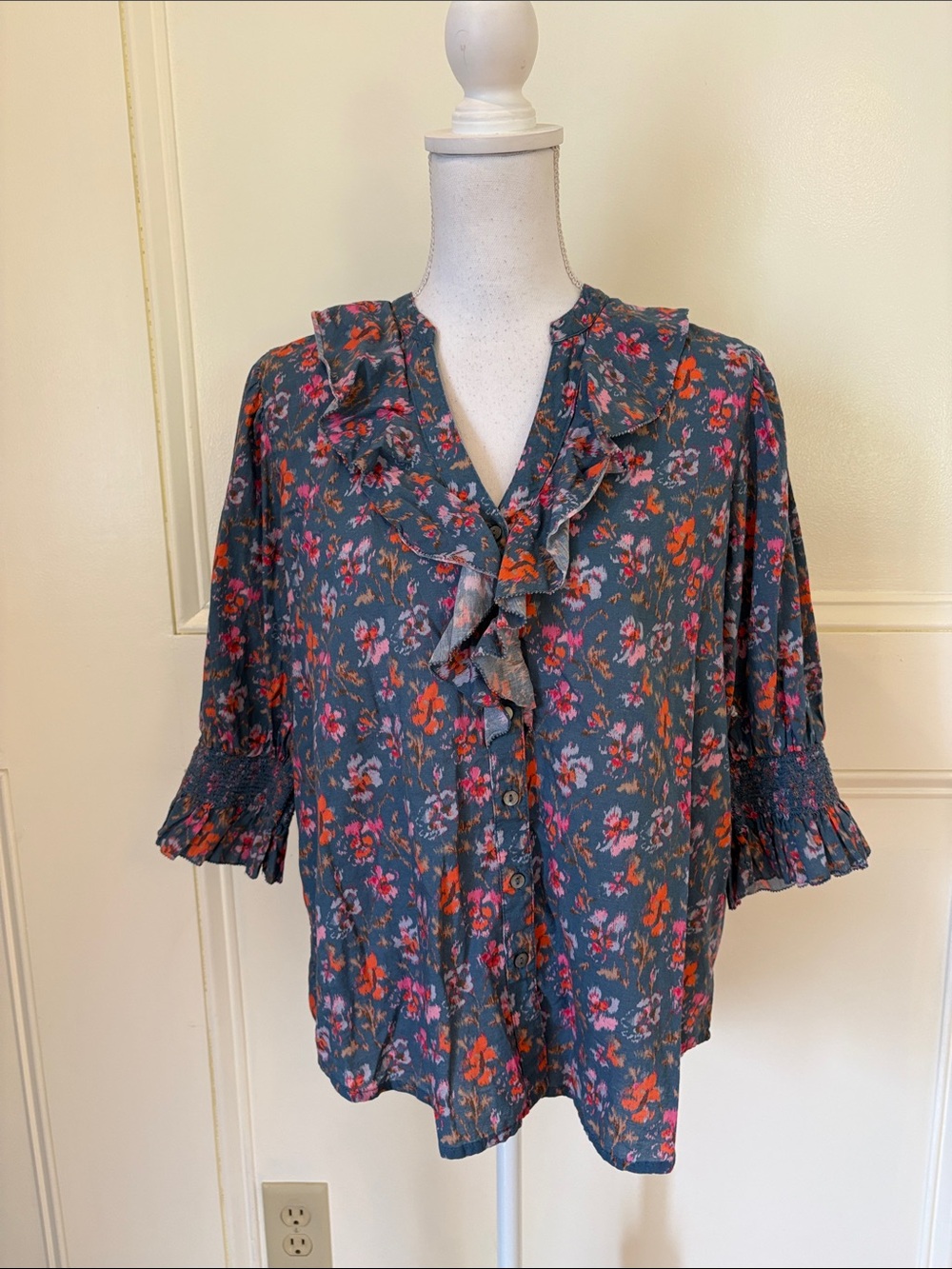 Sundance Slate Blue Floral Ruffle Button-Front Blouse
